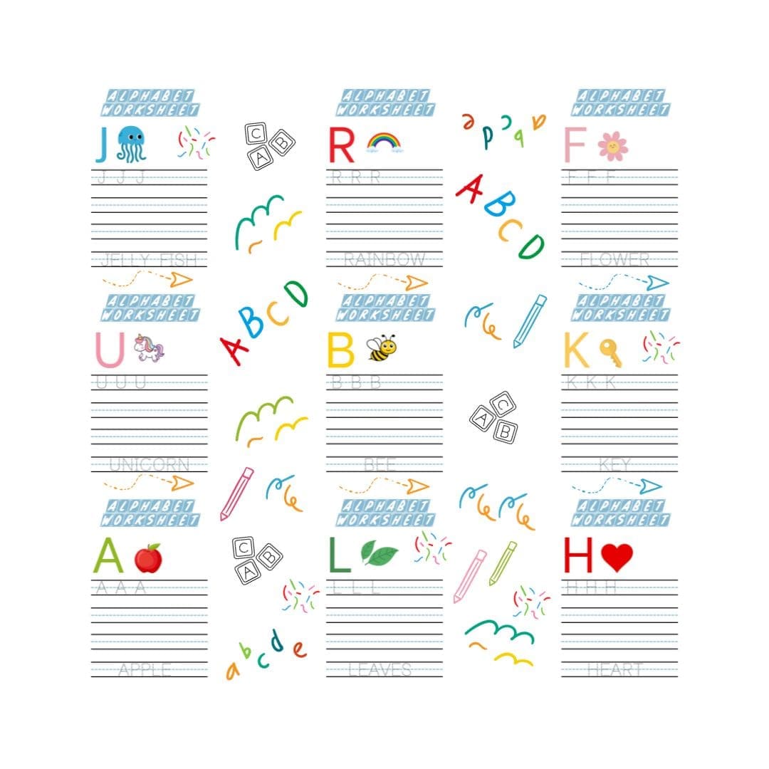 This is a promotional image displaying online printable educational resources available for download at Sharekknaonline.com. The image features colorful elements such as alphabets and numbers, suitable for coloring activities. Additionally, it showcases tracing exercises designed to aid in learning. Visit Sharekknaonline.com to access and download these educational materials. They are available uniquely at SharekknaOnline.com. They can be downloaded and printed at home or your local print house.