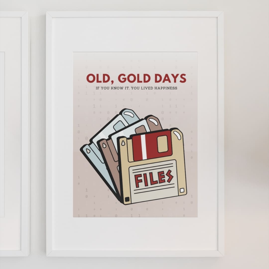 This image contains stylish 90's and retro themed poster with emotional slogan, good old days, perfect for home and office wall art and wall decor, available at SharekknaOnline.com. The poster can be downloaded as pdf and printed at home or at the local print house on A3, A4 and A5 paper size.