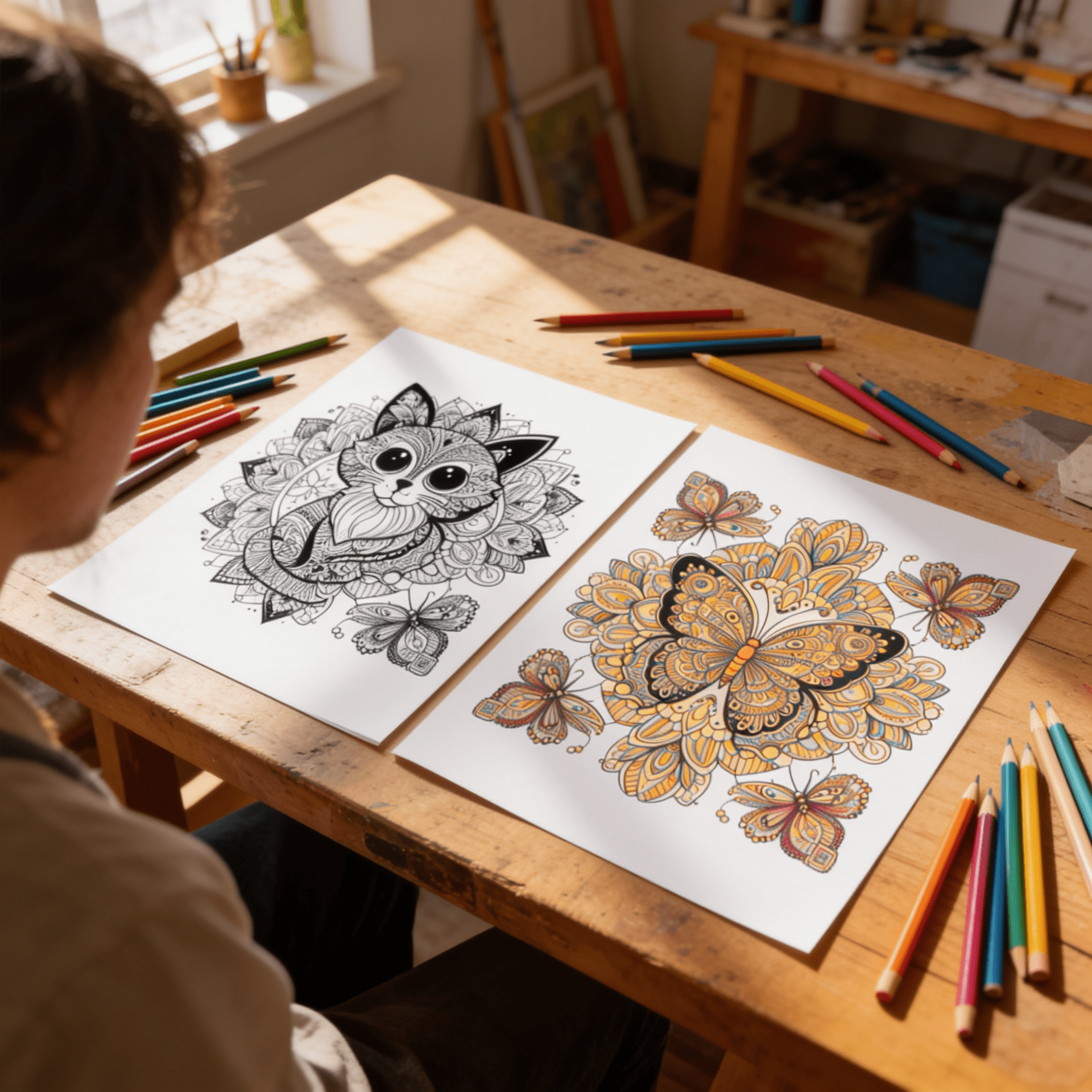 Printable mandala coloring pages for kids and adults, shown with black-and-white mandala designs and colored pencils for a relaxing creative activity.