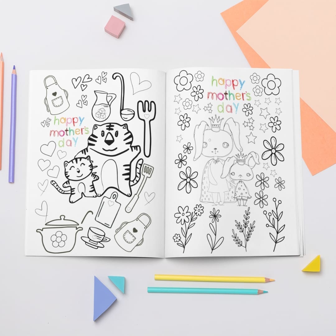This image contains a Printable coloring busy book that open to pages with 'Happy Mother's Day' designs, featuring playful animals and hearts, available for download and print for kids and adults. The busy book is available uniquely at SharekknaOnline.com. It can be downloaded instantly and printed at home or your local print house. Numerous engaging and educational activities wait for parents and kids. From traditional coloring sessions with crayons, colored pencils, or markers to sparking imagination through storytelling based on the busy book's images, there's ample room for creativity.