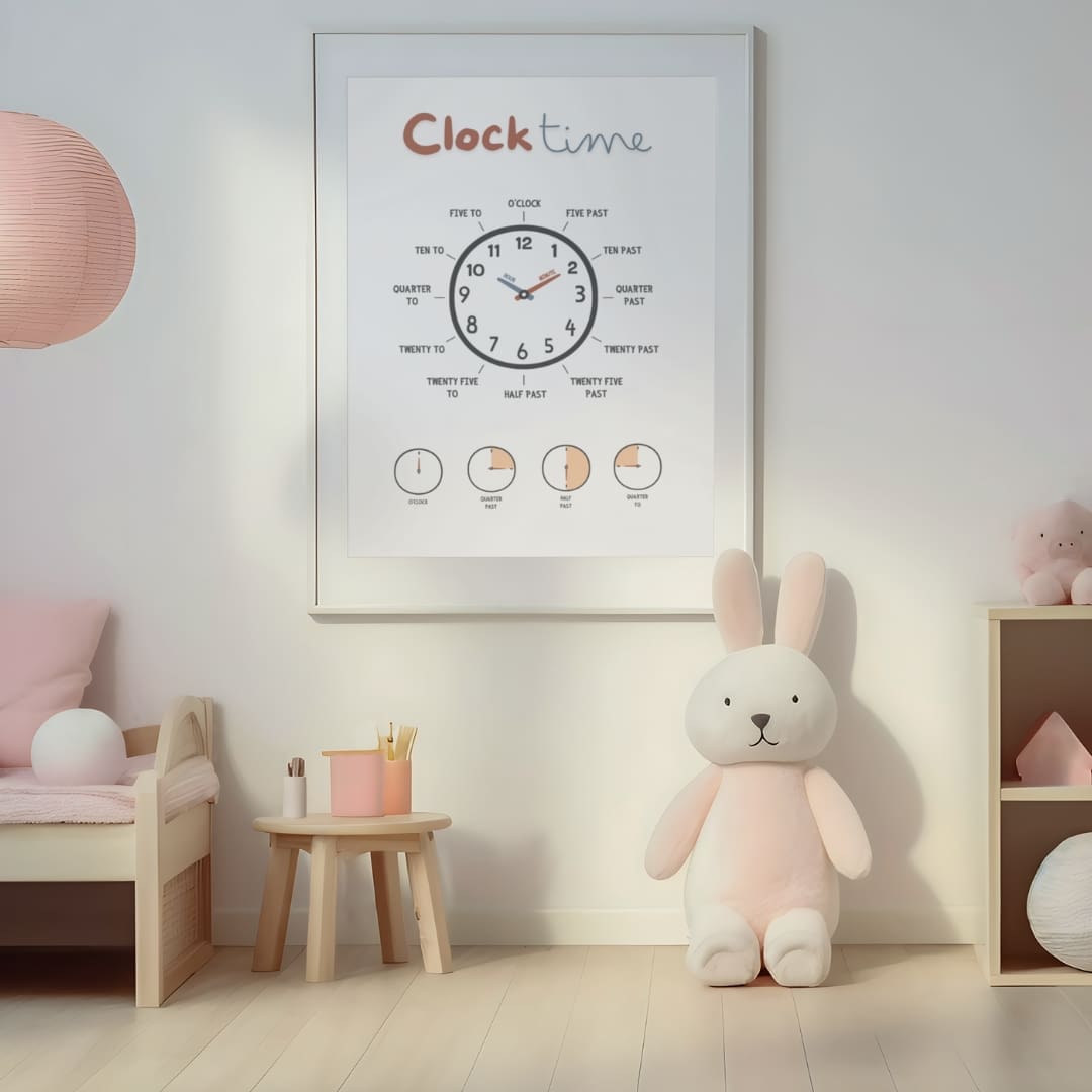 This beautifully designed Clock Time Poster is perfect for teaching children or anyone new to telling time. With a clear and easy-to-follow layout, it features both the minute and hour hand placements, highlighting key moments like 'quarter past,' 'half past,' and 'quarter to.' The poster also includes visual representations for common time expressions to make learning fun and interactive. Ideal for classrooms or home learning, download this poster today and make time-telling simple and engaging!