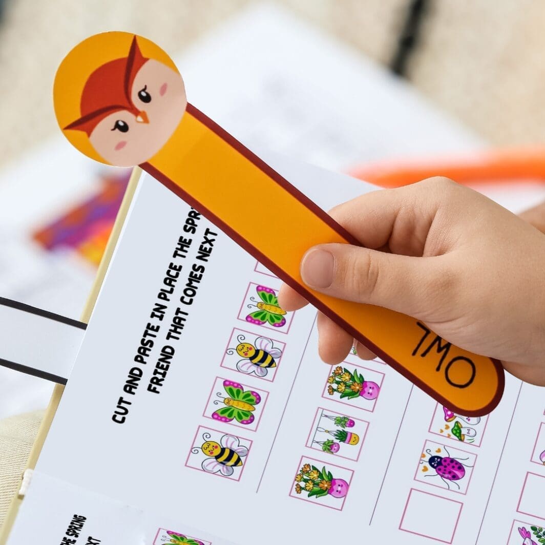 Spring Friends Activity Sheets for preschool and kindergarten — illustrated cover featuring cute snail, ladybug, bee, flower baskets, and wheelbarrow in a cheerful yellow spring palette.