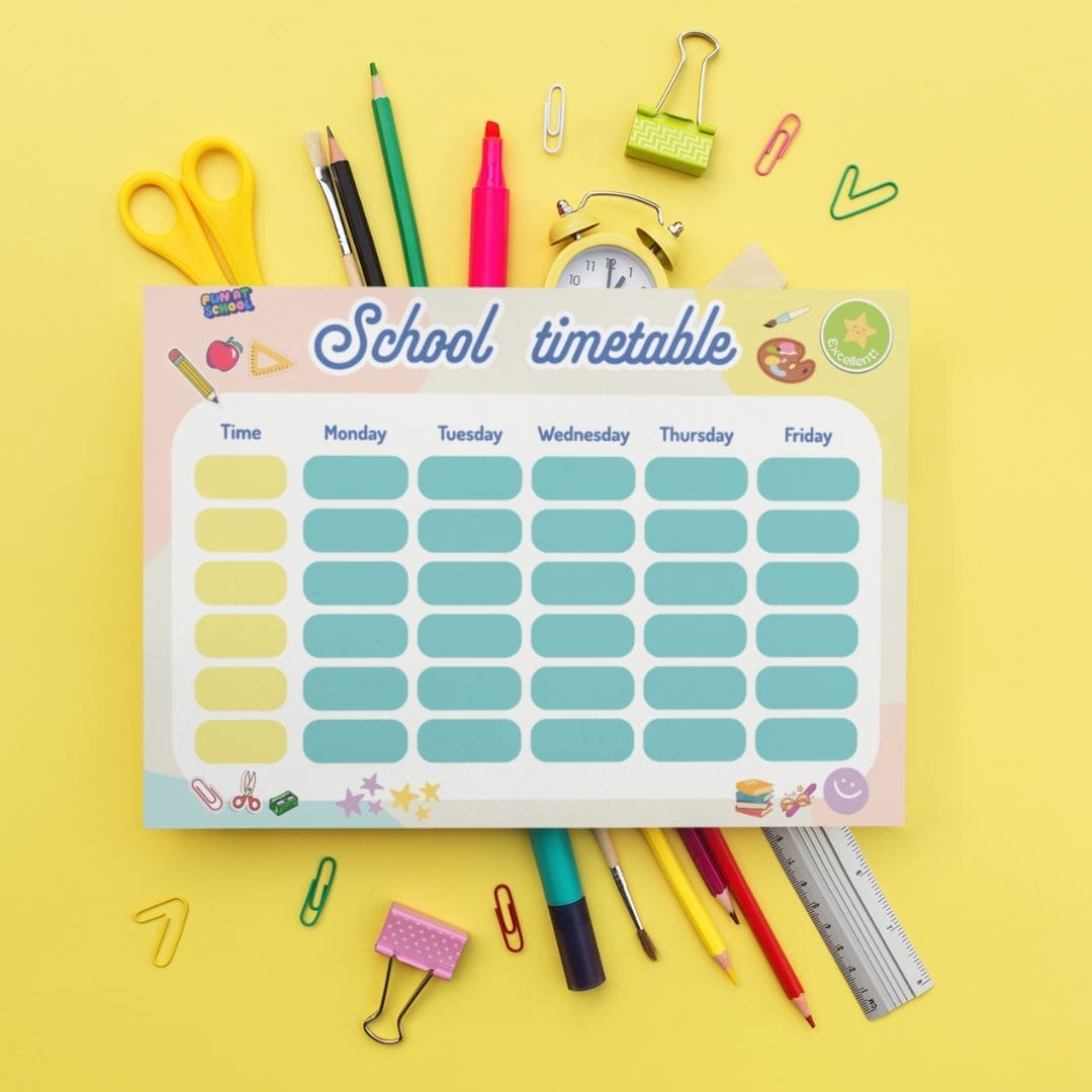 Colorful kids' weekly school planner with Monday to Friday columns, six writing boxes per day, and a time column on the left — bright and cheerful design perfect for printing at home or school.