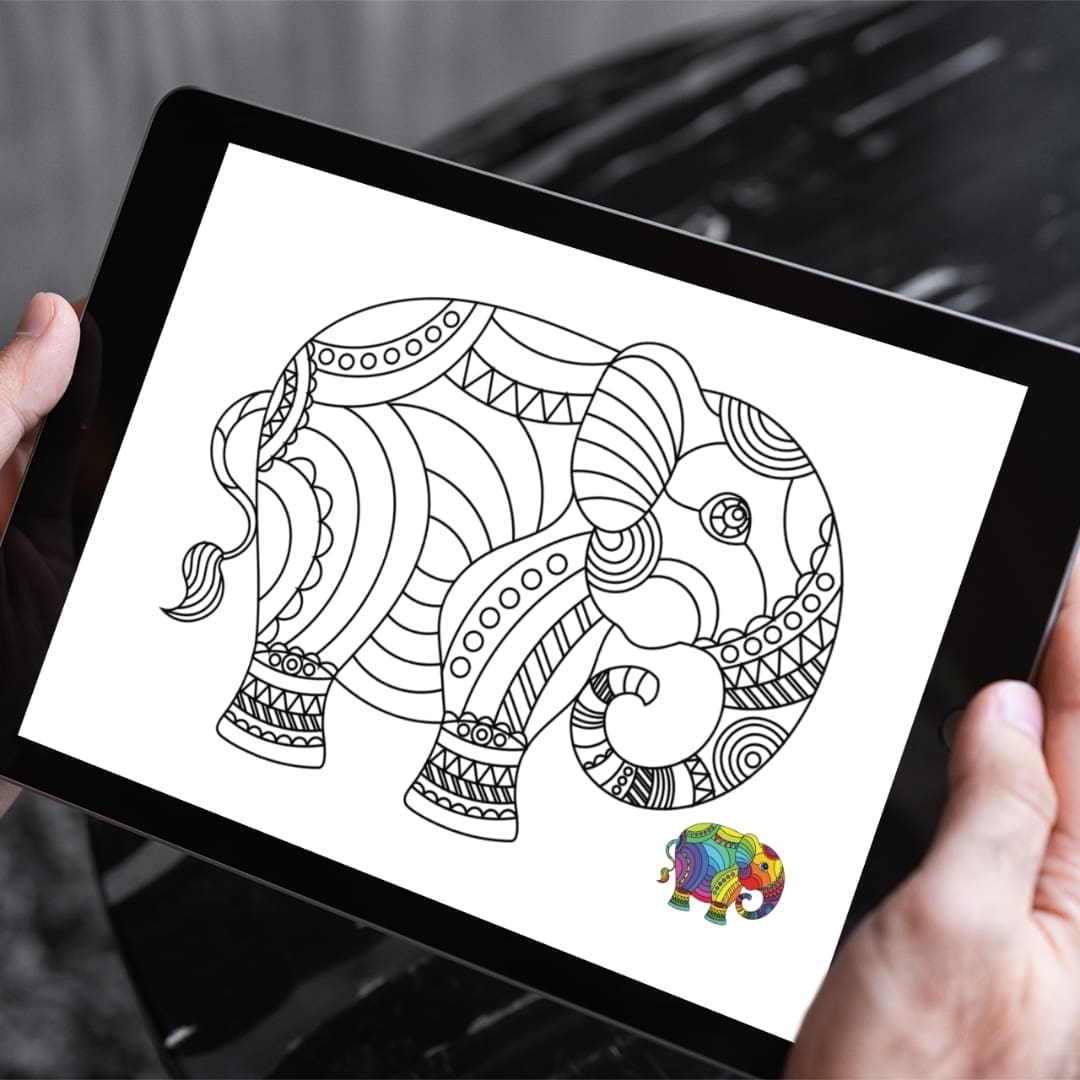 Set of five Zentangle animal coloring pages featuring an elephant, dog, cat, rhino, and bear with intricate black-and-white patterns and small colorful examples beside each design — printable art for kids and adults.