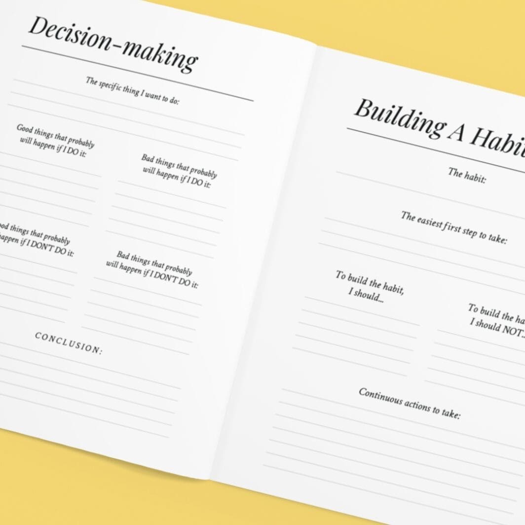 Decision-Making Journal printable A4 worksheet featuring four quadrants for evaluating outcomes, including pros and cons of doing or not doing an action, with a clean minimalist design for clarity and thoughtful decision-making