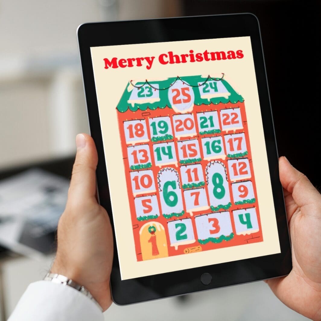 Printable Christmas Advent Calendar with 24 countdown boxes, festive holiday designs, kids and family activity calendar for December, digital download.