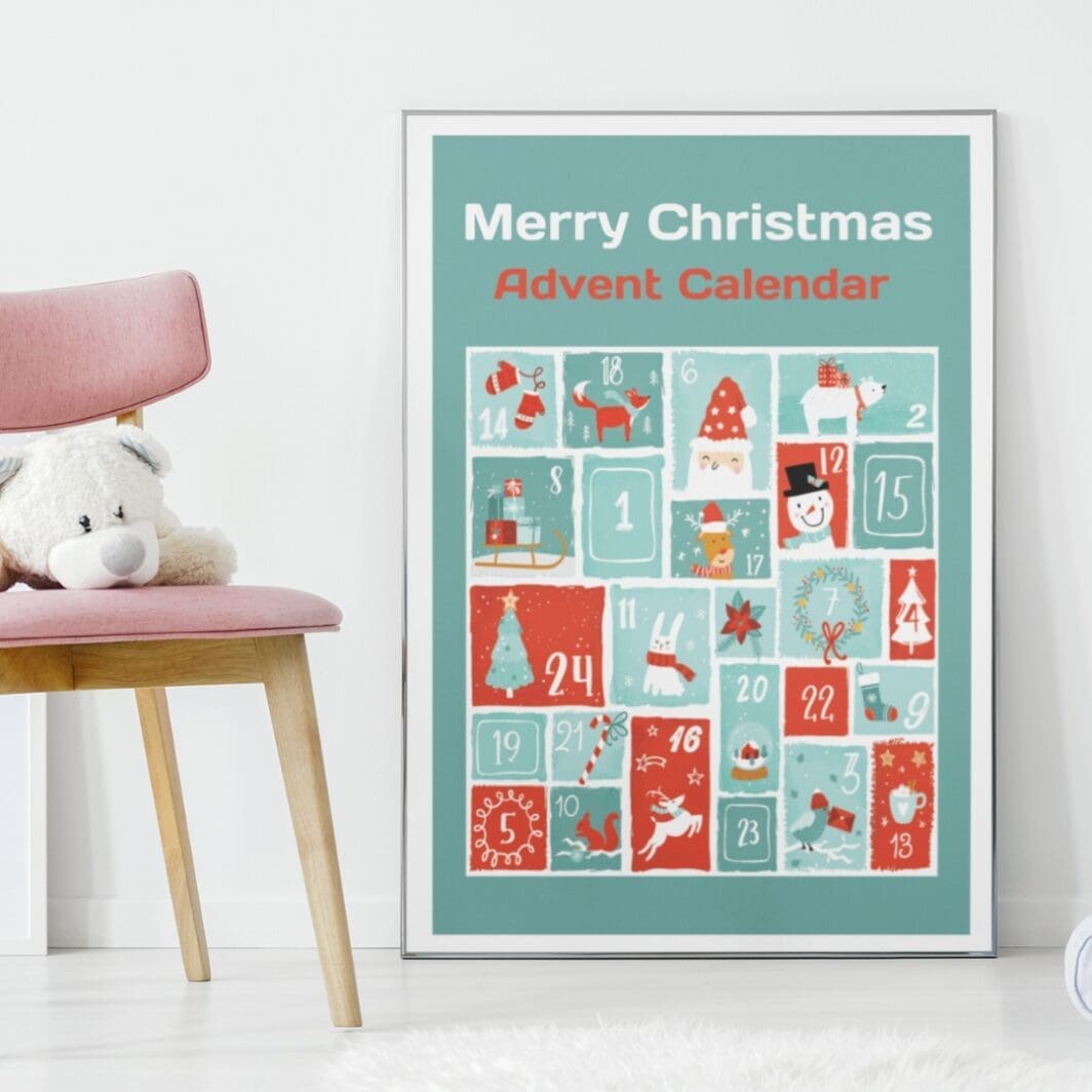 Printable Christmas Advent Calendar with 24 countdown boxes, festive holiday designs, kids and family activity calendar for December, digital download.