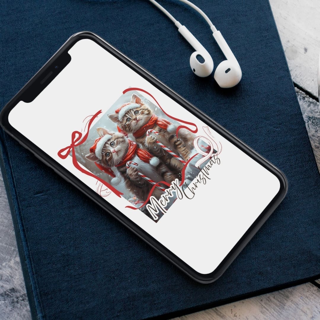 Adorable Santa cat Christmas card design featuring a cute kitten in a festive sweater and Santa hat, surrounded by holiday decorations and the text “Merry Christmas,” designed as a digital and printable holiday greeting card.
