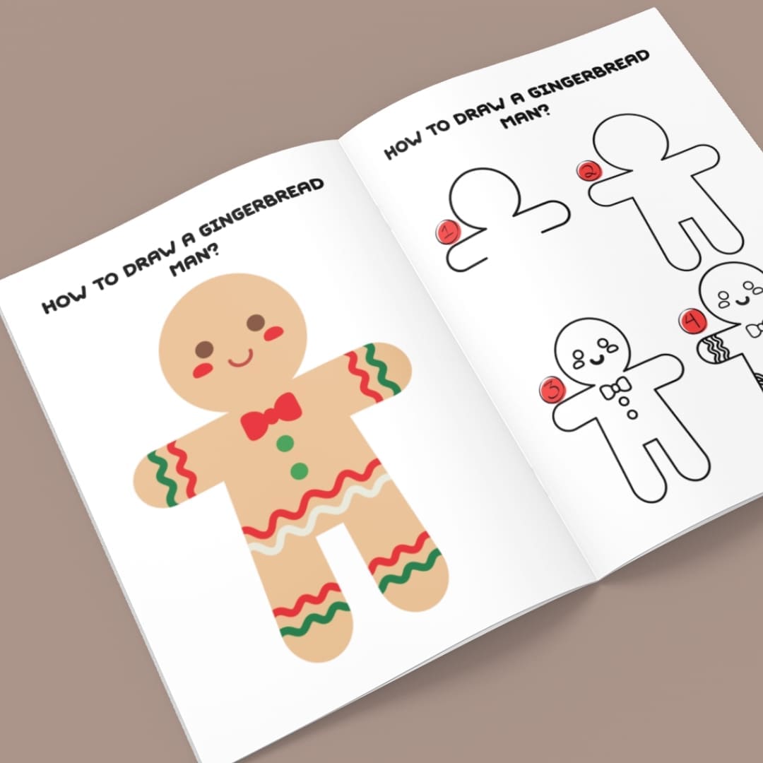 Guide for kids showing how to draw a gingerbread man step-by-step, with a cute finished gingerbread character decorated with colorful icing and buttons