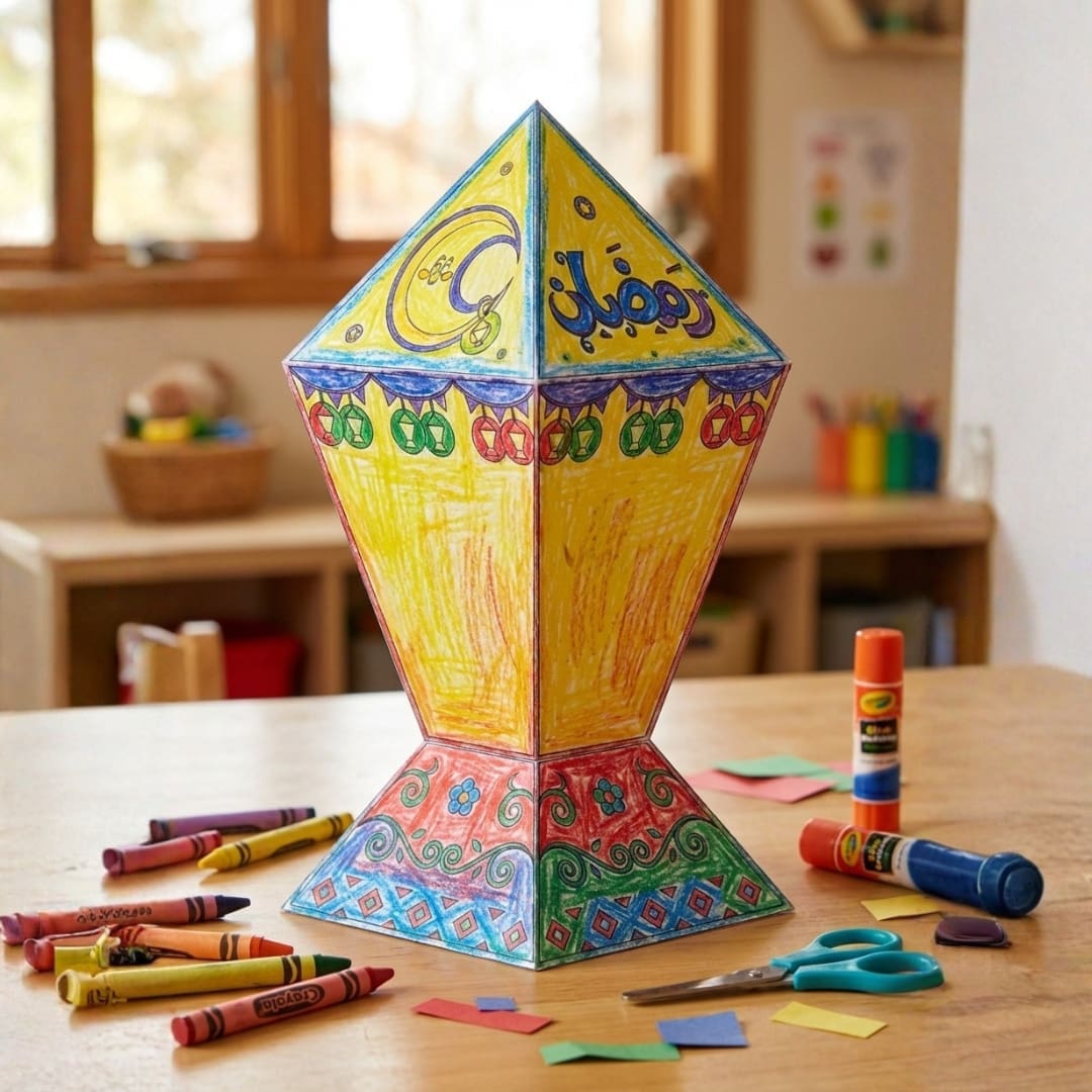Printable “Build and Color Ramadan Fanous” cover showing a black-and-white DIY lantern template with bold outlines, designed for kids to color, cut, and assemble for Ramadan.