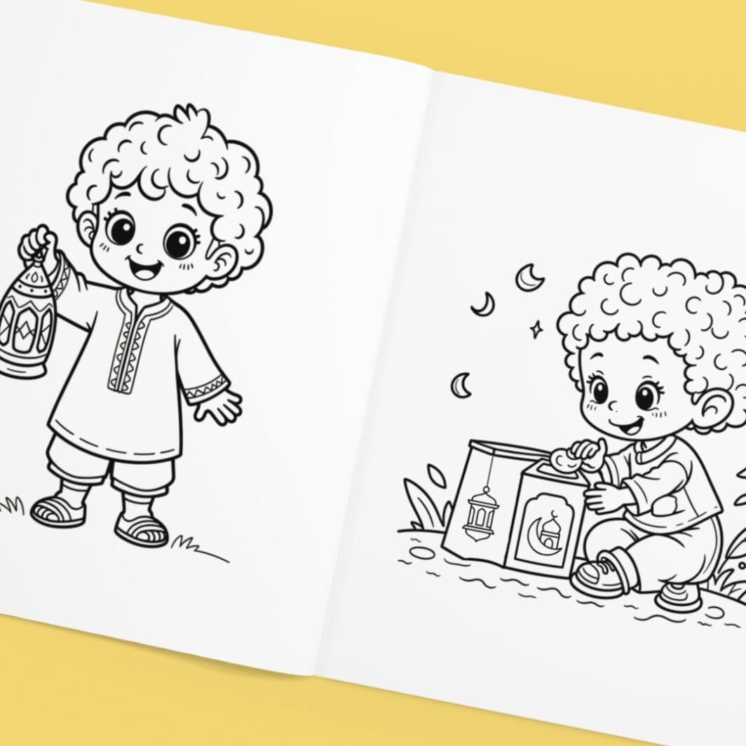 Black and white Ramadan coloring book cover titled “Lantern Boy Coloring Pages,” featuring a cute smiling curly-haired boy holding a traditional Ramadan lantern (fanous), surrounded by simple mosque illustrations and stars, designed for young children.