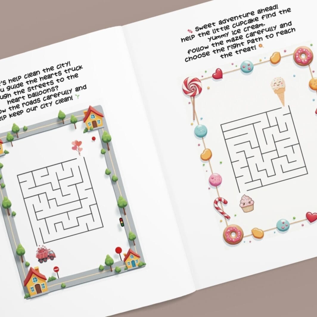 Cover of Themed Mazes – Easy Level, a printable children’s activity booklet featuring cute illustrated mazes with animals, garden, food, and everyday themes, designed for kids ages 2–7.