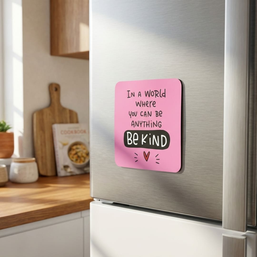 Role & Mission Identity Magnet collection featuring square 5x5 cm flexible motivational magnets with colorful typography displayed on a fridge and metal surface, custom printable magnets available in Beirut.