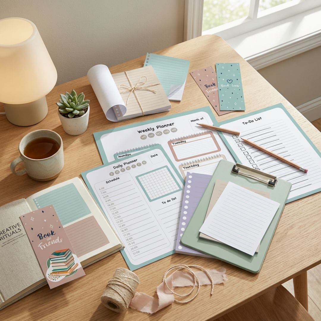 Soft pastel “Book Lover” bookmark with a muted teal background, navy and white star details, a hand-drawn heart icon, and soft handwritten-style typography, designed in a minimalist aesthetic as part of the Soft Studio Stationery Collection.