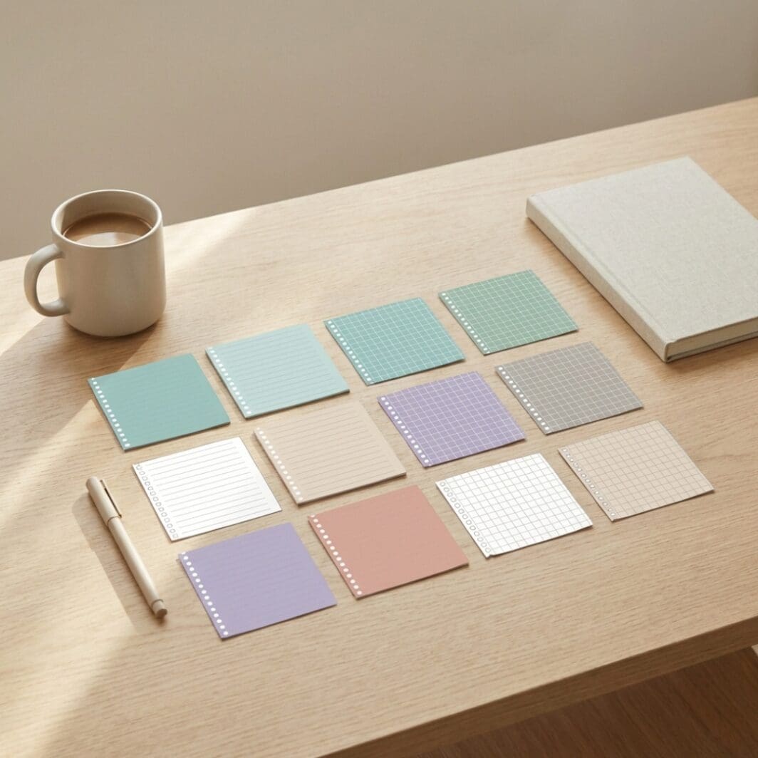 Soft Studio Quiet Notes printable set featuring 12 minimalist note paper designs in soft pastel colors, including lined and grid formats with a torn notebook edge detail, arranged on A4 sheets in sage green, dusty teal, muted lavender, soft sand beige, warm grey, and terracotta blush.
