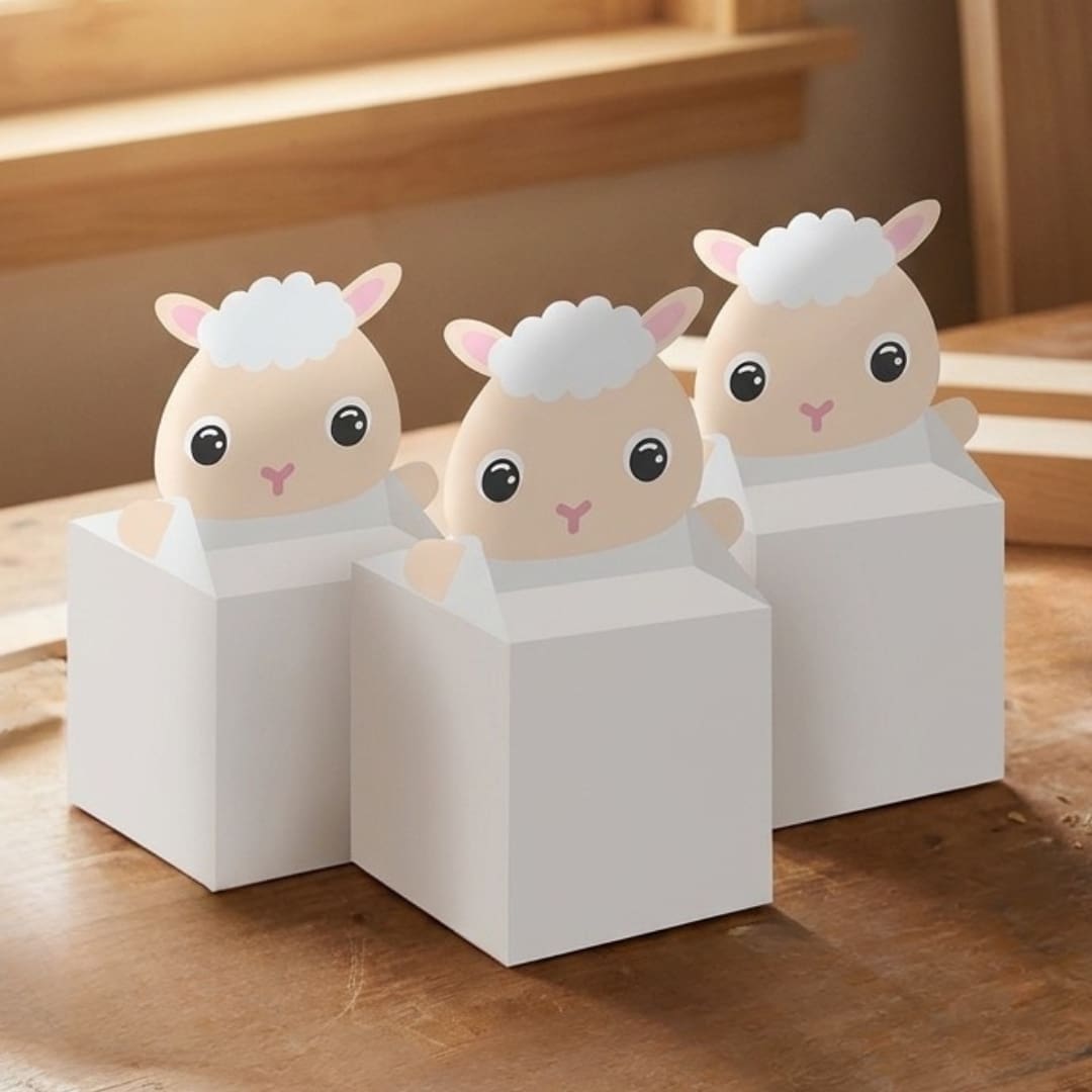 Cute sheep gift box with a peek-a-boo sheep head popping out of a cube-shaped paper box, featuring soft pastel colors and a simple DIY printable design.