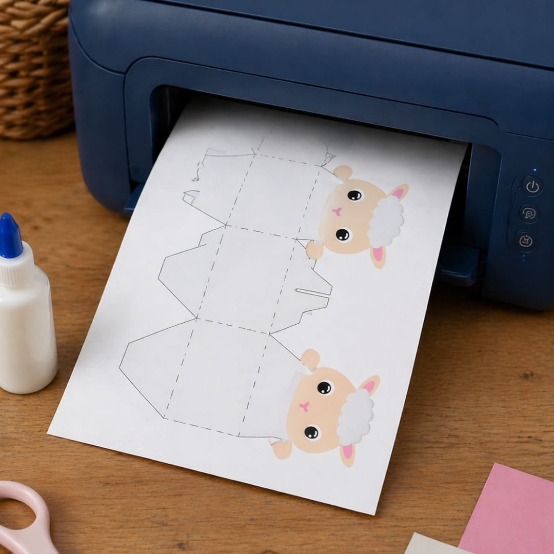 Cute sheep gift box with a peek-a-boo sheep head popping out of a cube-shaped paper box, featuring soft pastel colors and a simple DIY printable design.