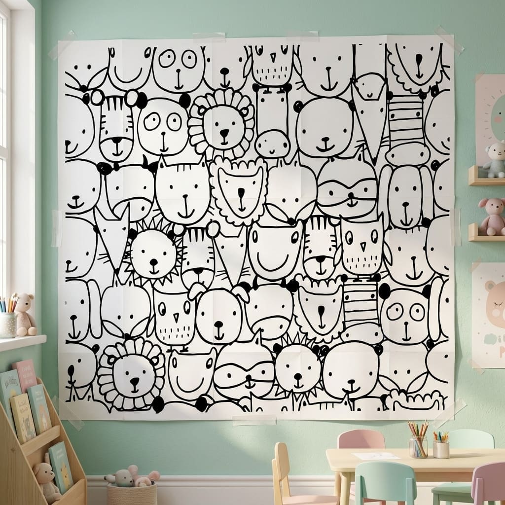 Giant printable pets coloring poster displayed in a pastel classroom, featuring cute animal faces for kids’ screen-free coloring and creative group activity.