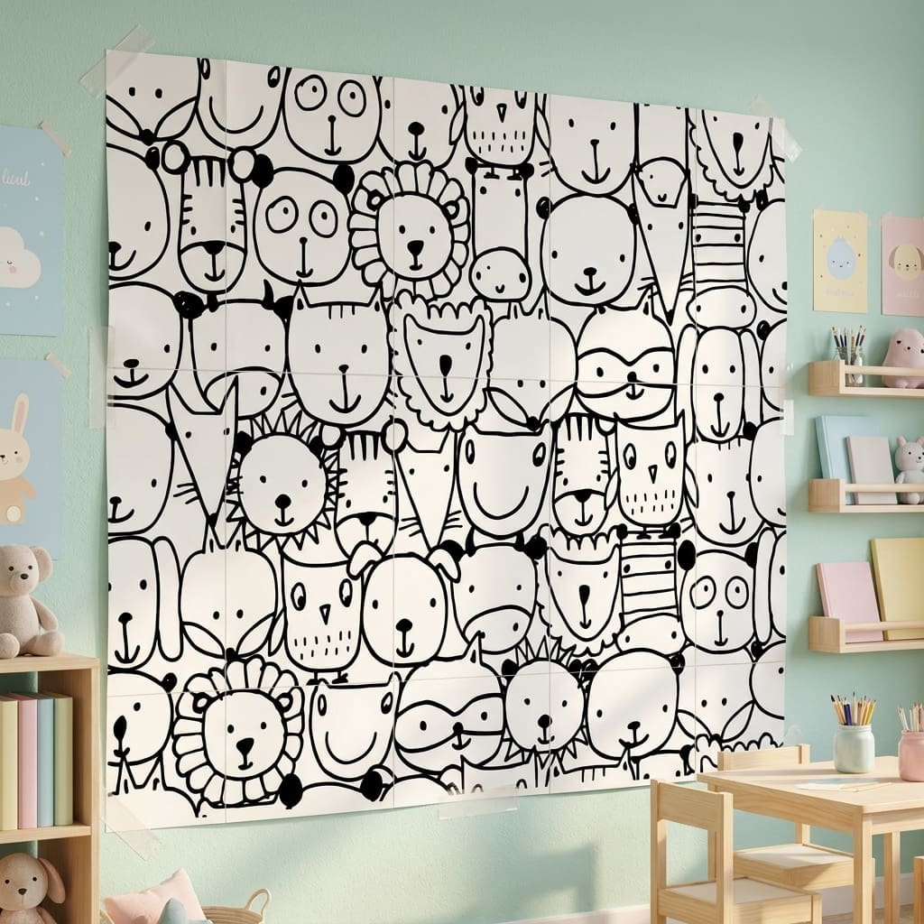 Giant printable pets coloring poster displayed in a pastel classroom, featuring cute animal faces for kids’ screen-free coloring and creative group activity.