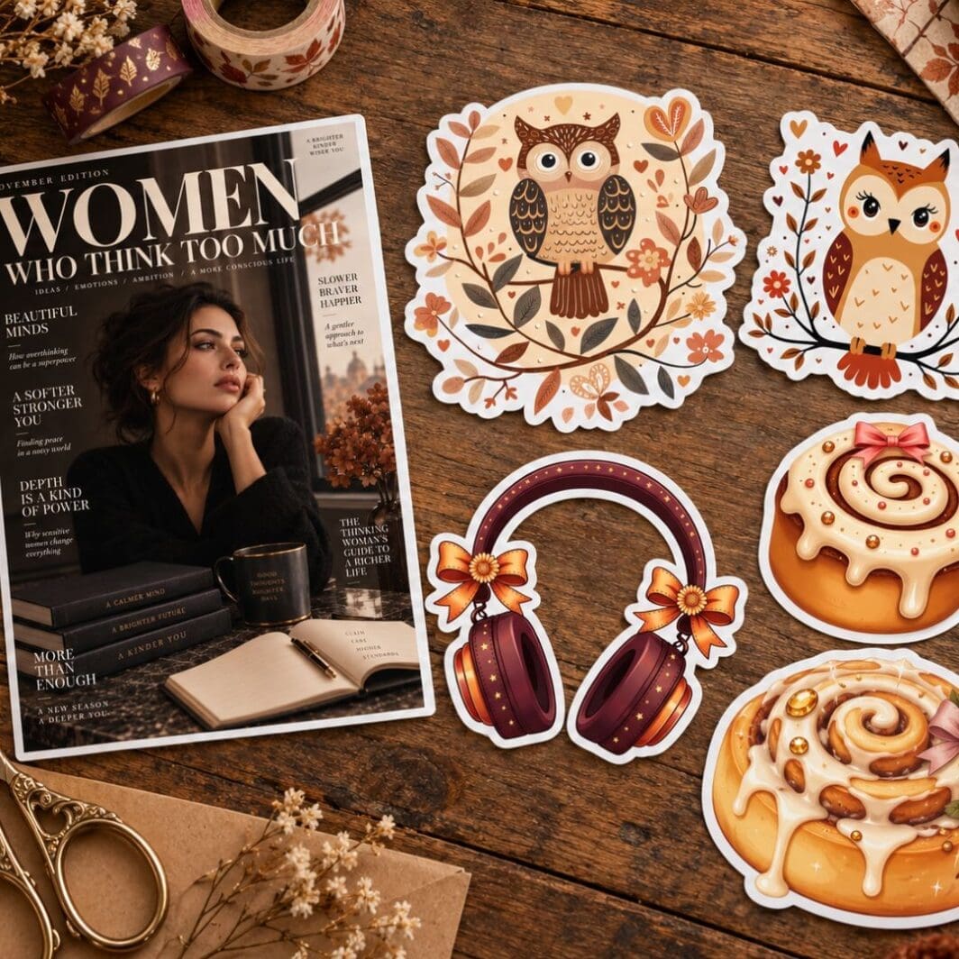 November Girl Sticker Collection featuring cute autumn owls, cinnamon rolls, coffee mugs, books, headphones, and relatable quotes in cozy burgundy, dusty rose, and golden tones.