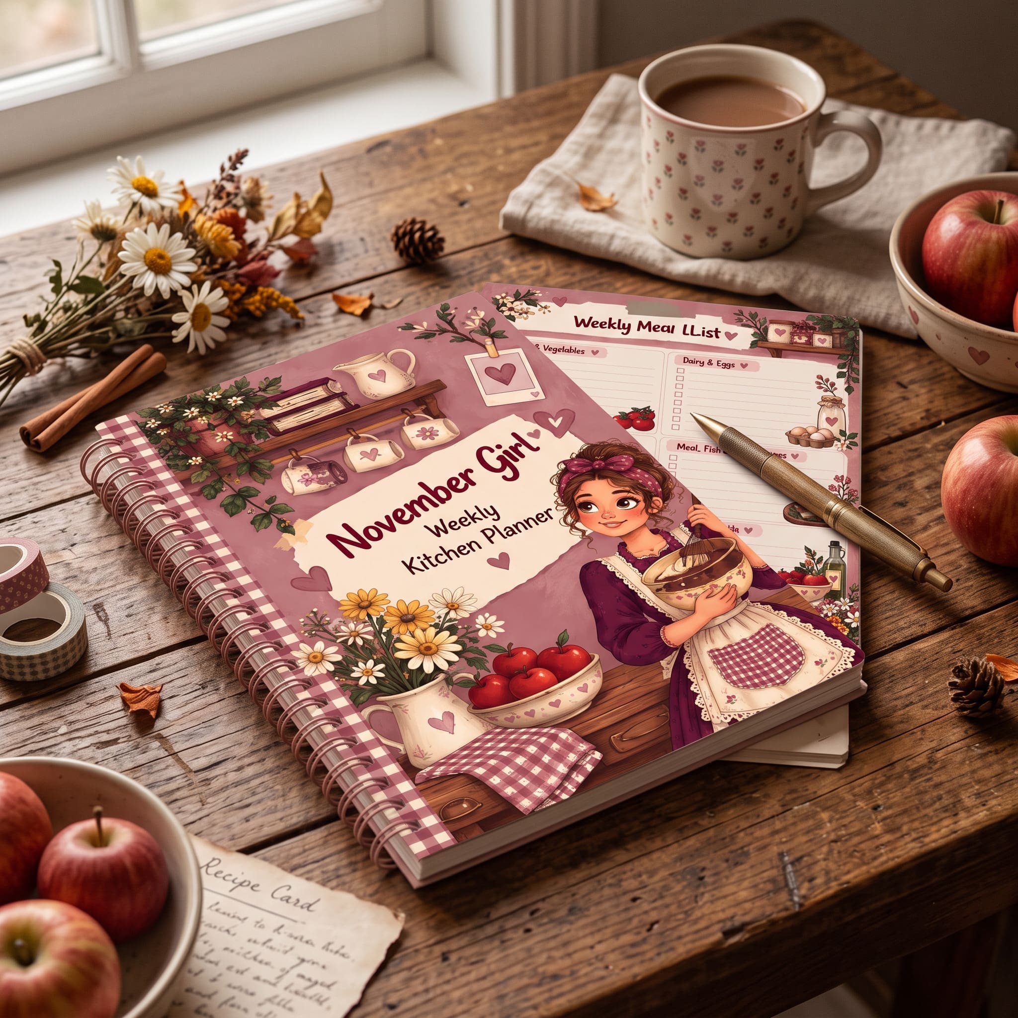 November Girl Weekly Kitchen Planner printable PDF cover in a cozy vintage autumn style with dusty rose, cream, burgundy, sage green, and warm beige tones.
