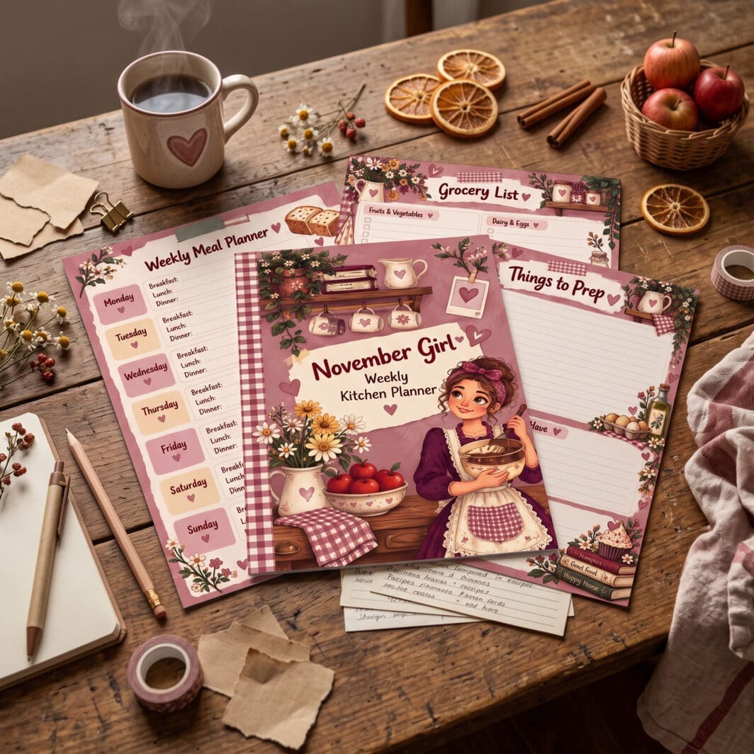 November Girl Weekly Kitchen Planner printable PDF cover in a cozy vintage autumn style with dusty rose, cream, burgundy, sage green, and warm beige tones.