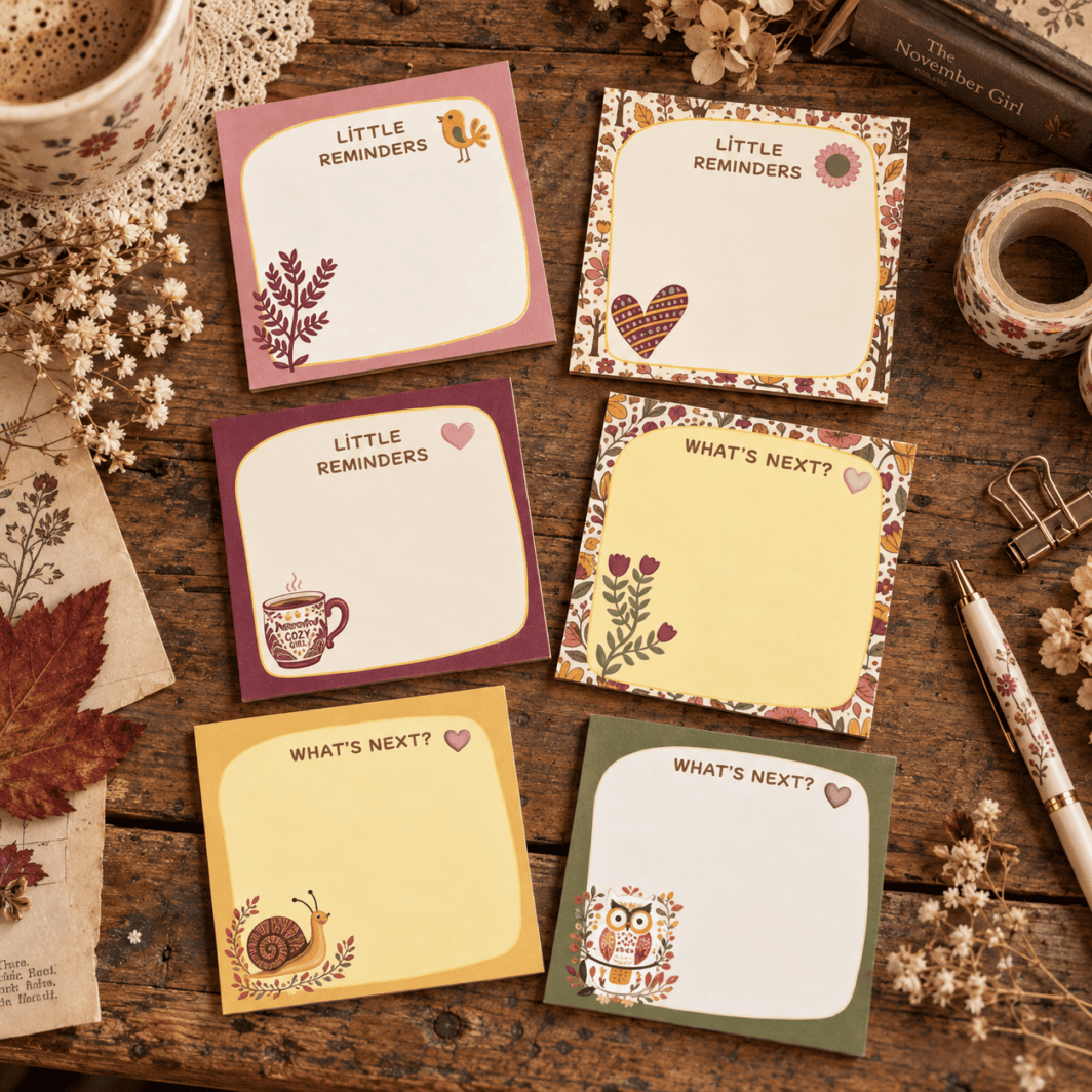 Six November Girl printable memo notes spread across a rustic vintage wooden table with cozy autumn flowers, stationery, and warm November-inspired colors.