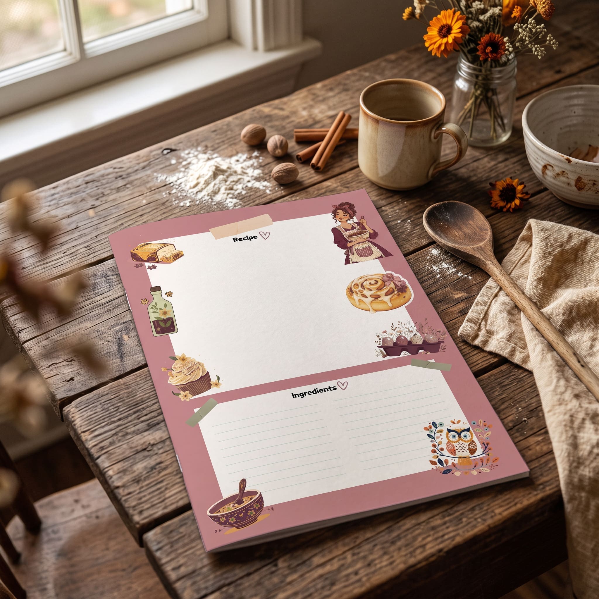 November Girl Recipe Planner printable PDF assembled as a cozy recipe booklet on a vintage kitchen table.