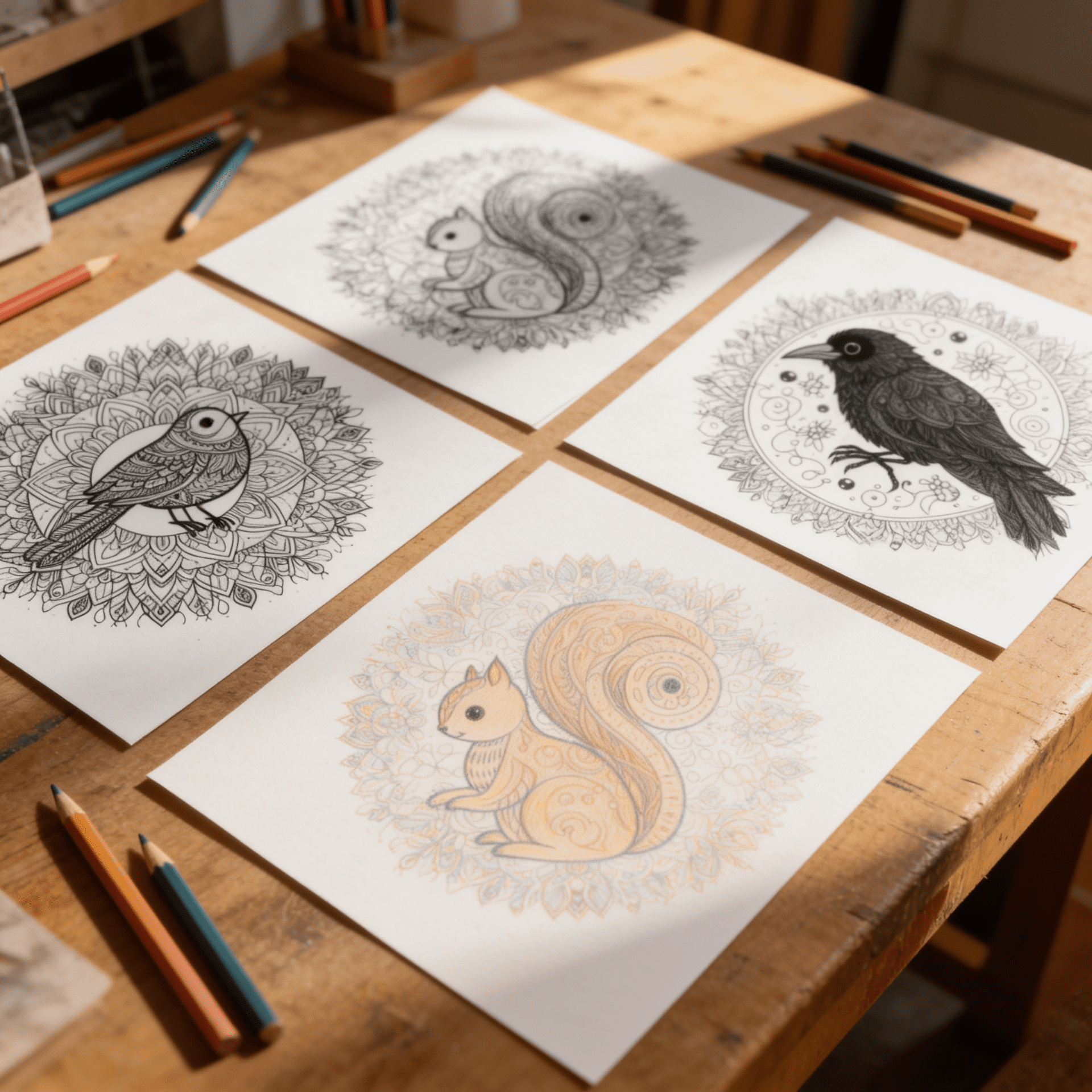 Printable mandala coloring pages for kids and adults, shown with black-and-white mandala designs and colored pencils for a relaxing creative activity.