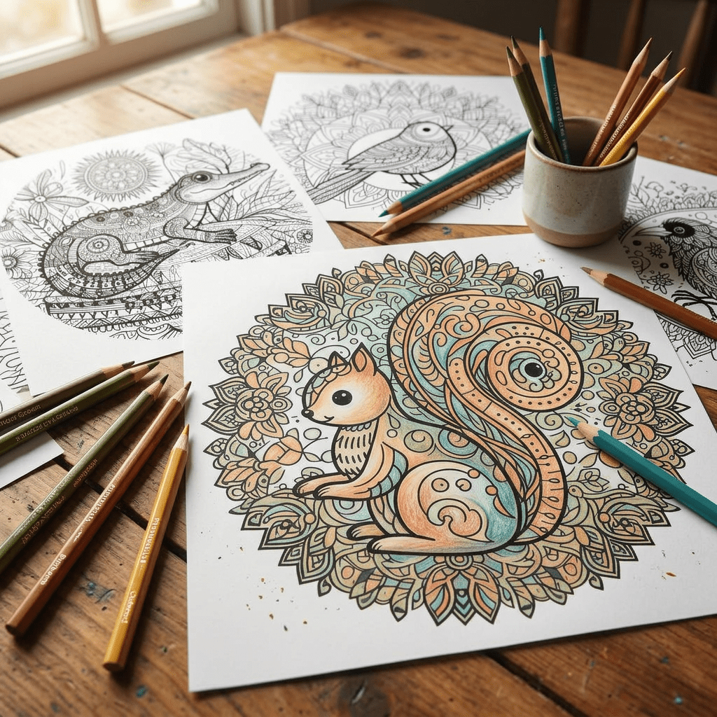 Printable mandala coloring pages for kids and adults, shown with black-and-white mandala designs and colored pencils for a relaxing creative activity.
