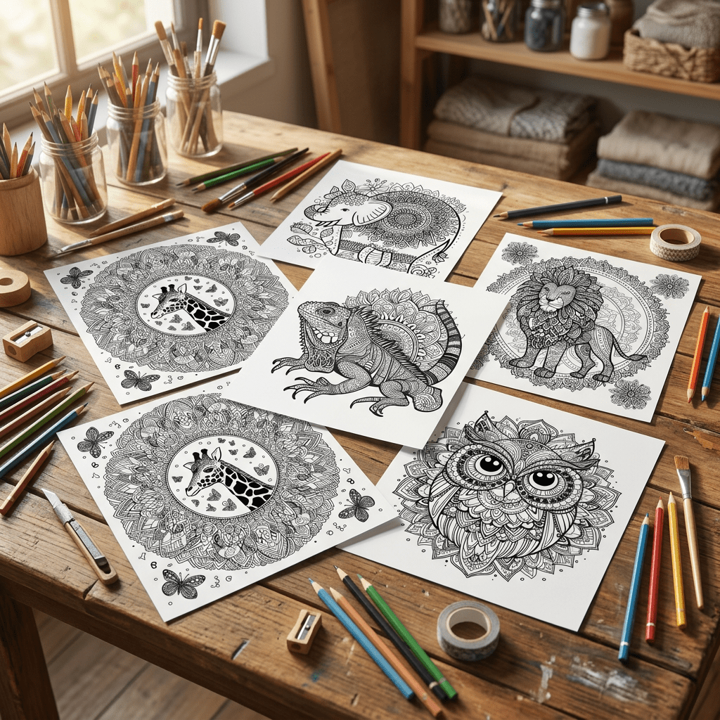 Printable mandala coloring pages for kids and adults, shown with black-and-white mandala designs and colored pencils for a relaxing creative activity.