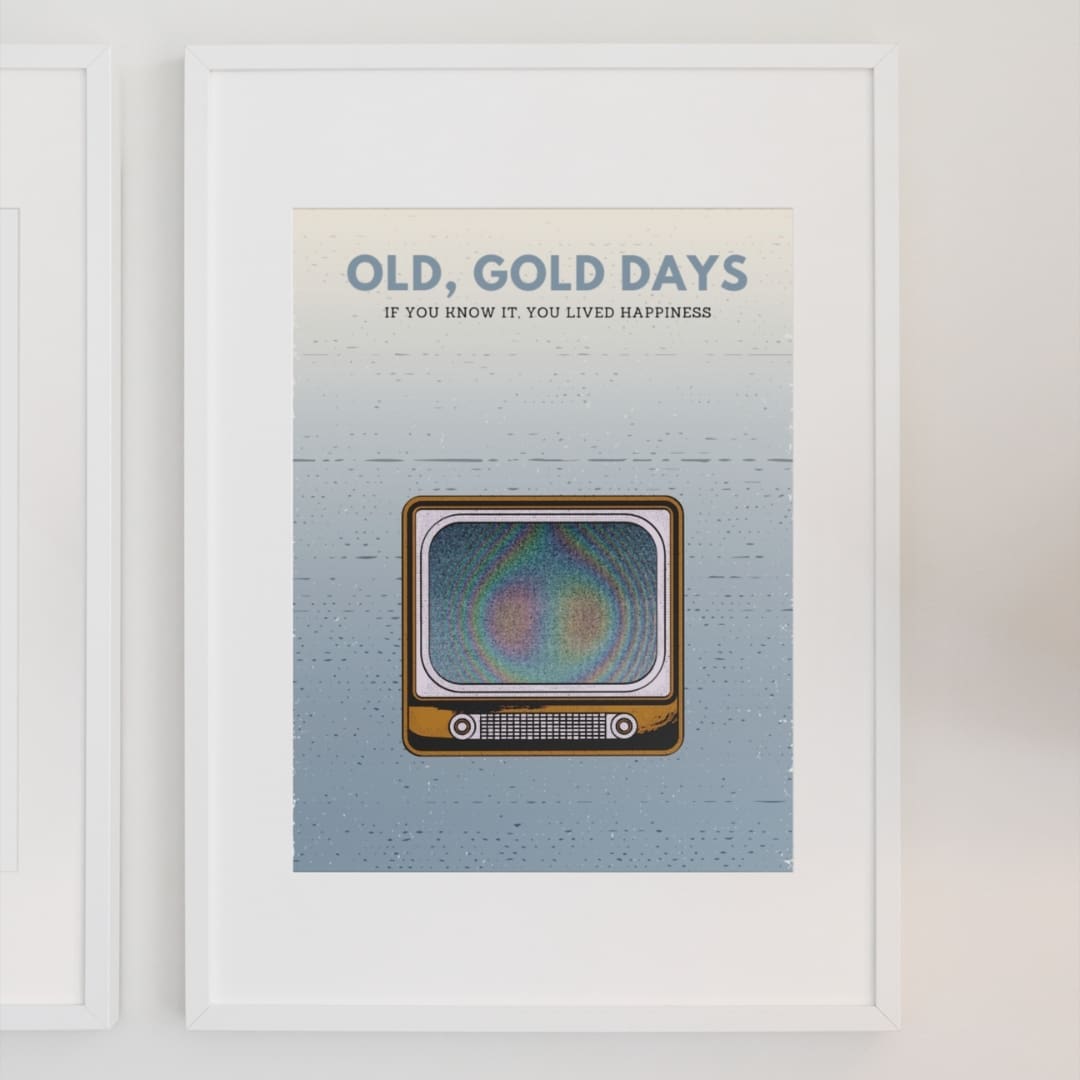 This image contains stylish 90's and retro themed poster with emotional slogan, good old days, perfect for home and office wall art and wall decor, available at SharekknaOnline.com. The poster can be downloaded as pdf and printed at home or at the local print house on A3, A4 and A5 paper size.