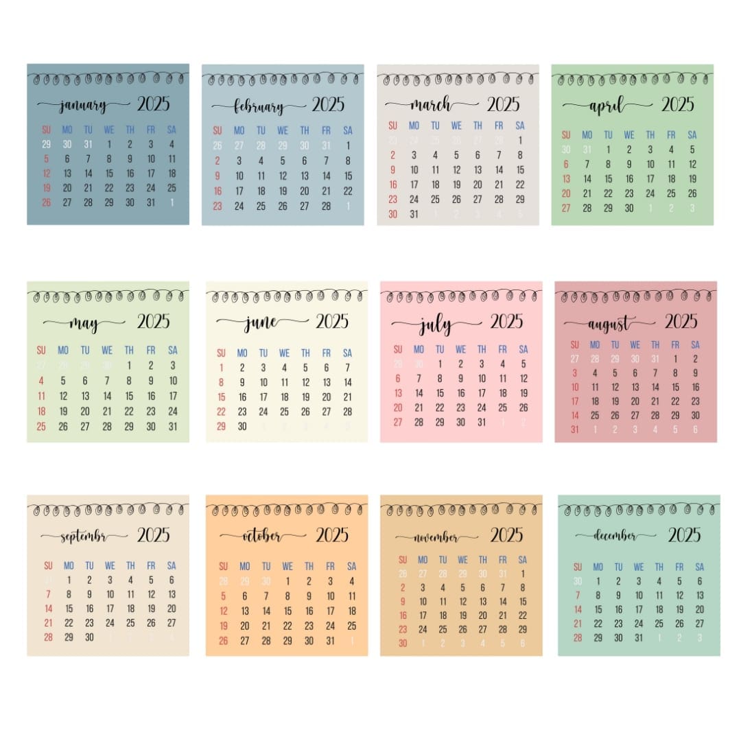 An image showcasing 12 mini calendar labels for 2025, each month displayed in a compact, stylish design. Perfect for digital planners, scrapbooking, and printable projects. Available in PNG, SVG, and PDF formats for versatile use.
