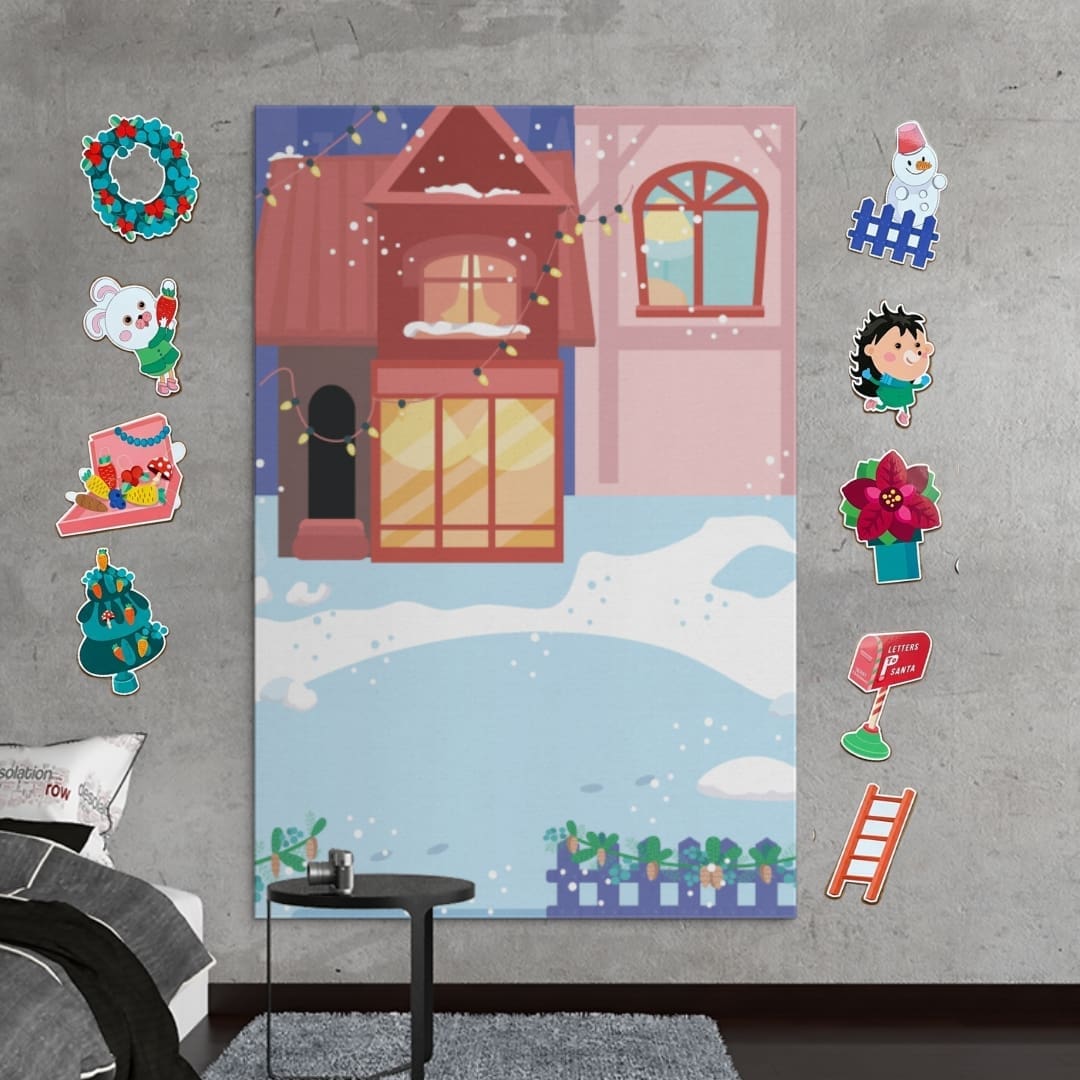 Children building a Christmas village in winter, decorating houses with lights and wreaths, carrying a Christmas tree, mailing a letter to Santa, and playing in the snow in a festive illustrated holiday scene.