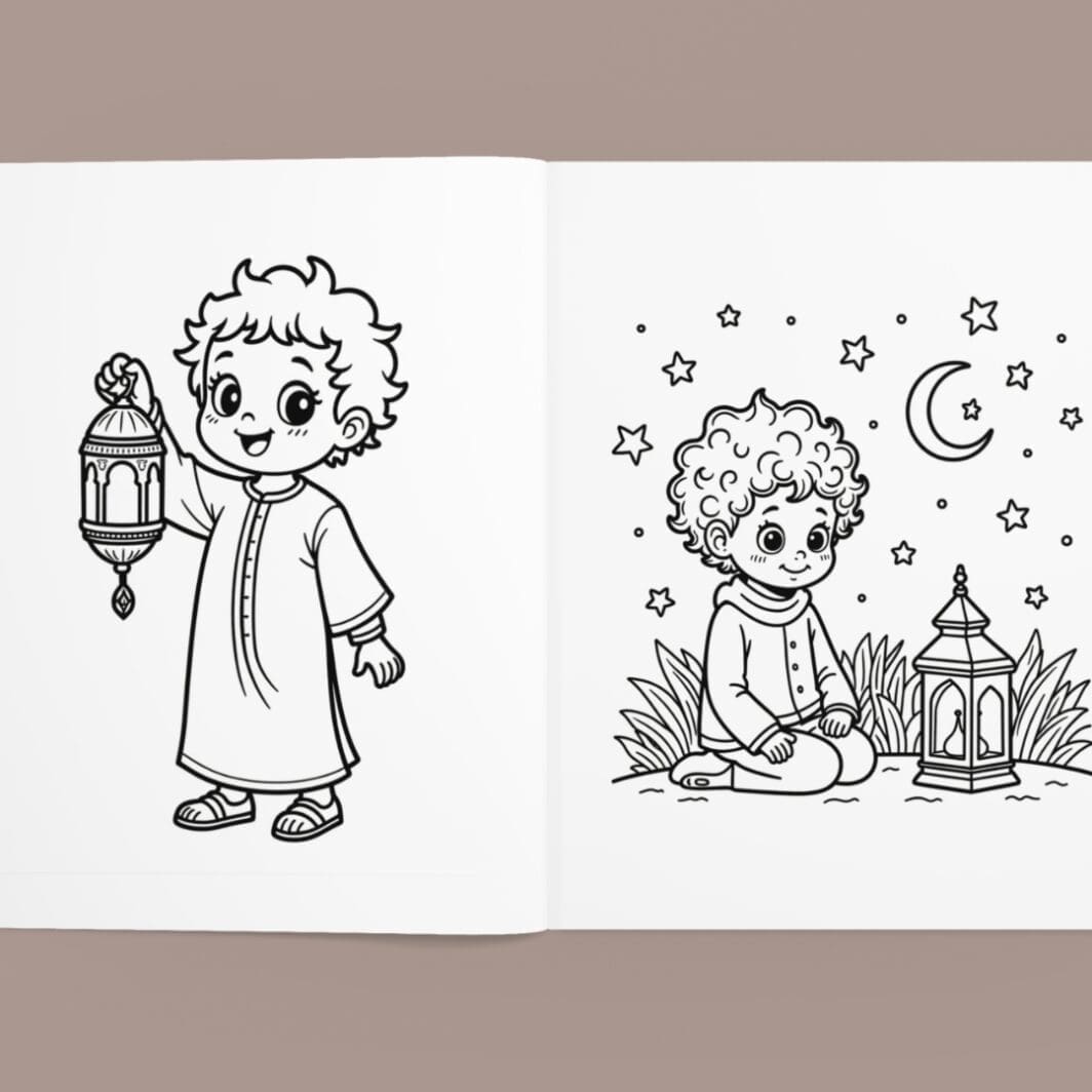 Black and white Ramadan coloring book cover titled “Lantern Boy Coloring Pages,” featuring a cute smiling curly-haired boy holding a traditional Ramadan lantern (fanous), surrounded by simple mosque illustrations and stars, designed for young children.