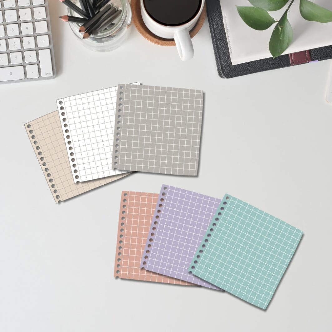 Soft Studio Quiet Notes printable set featuring 12 minimalist note paper designs in soft pastel colors, including lined and grid formats with a torn notebook edge detail, arranged on A4 sheets in sage green, dusty teal, muted lavender, soft sand beige, warm grey, and terracotta blush.