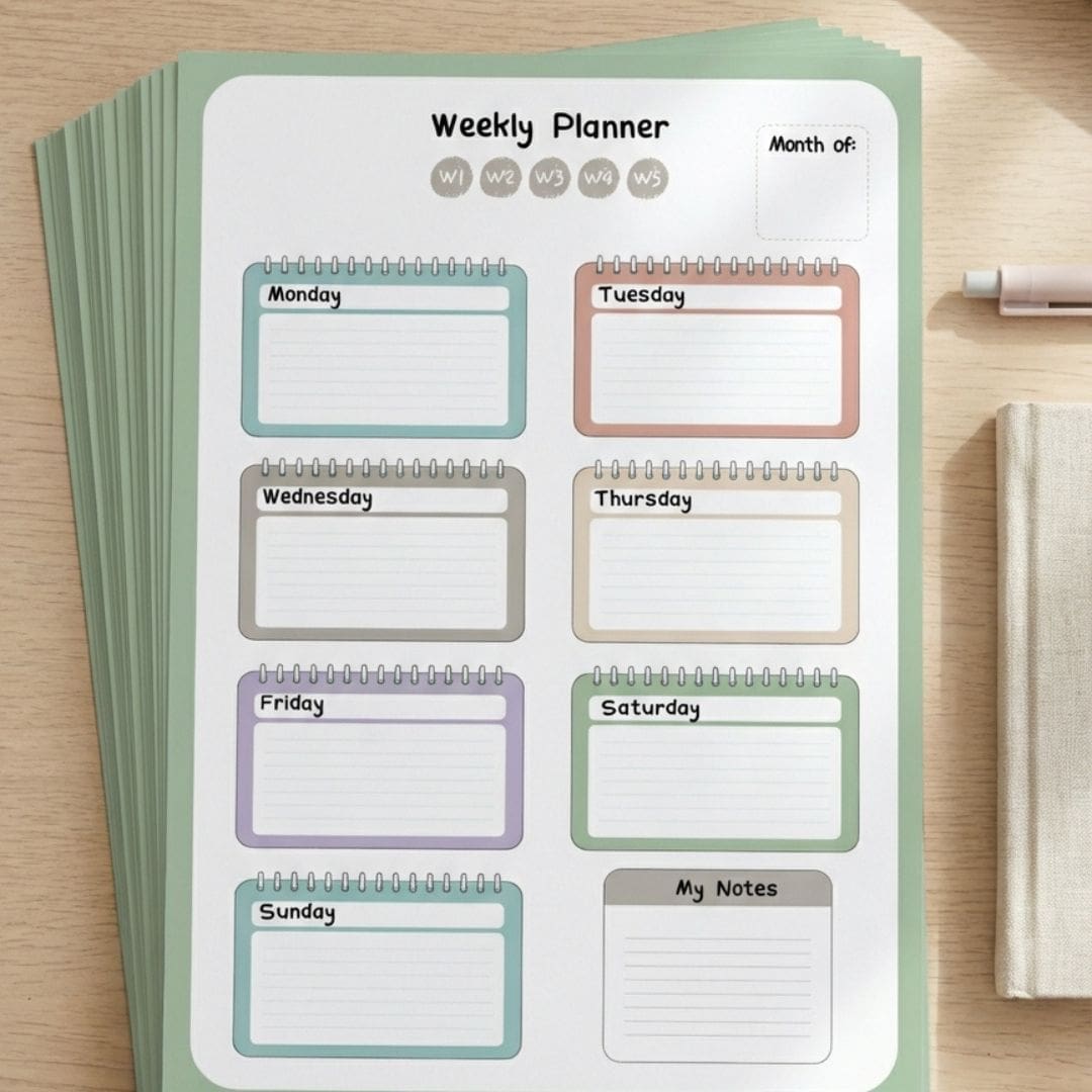 Soft Studio Weekly Planner printable in pastel design featuring Monday to Sunday layout, notes section, and month tracker in a clean minimal A4 format.