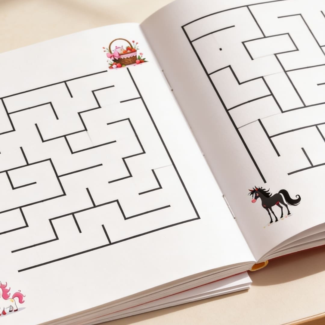 Printable animal maze activity workbook cover featuring cute easy-level mazes for kids with adorable animals including lions, elephants, pandas, foxes, dolphins, sloths, flamingos, llamas, narwhals, and more in a fun educational screen-free activity book design.