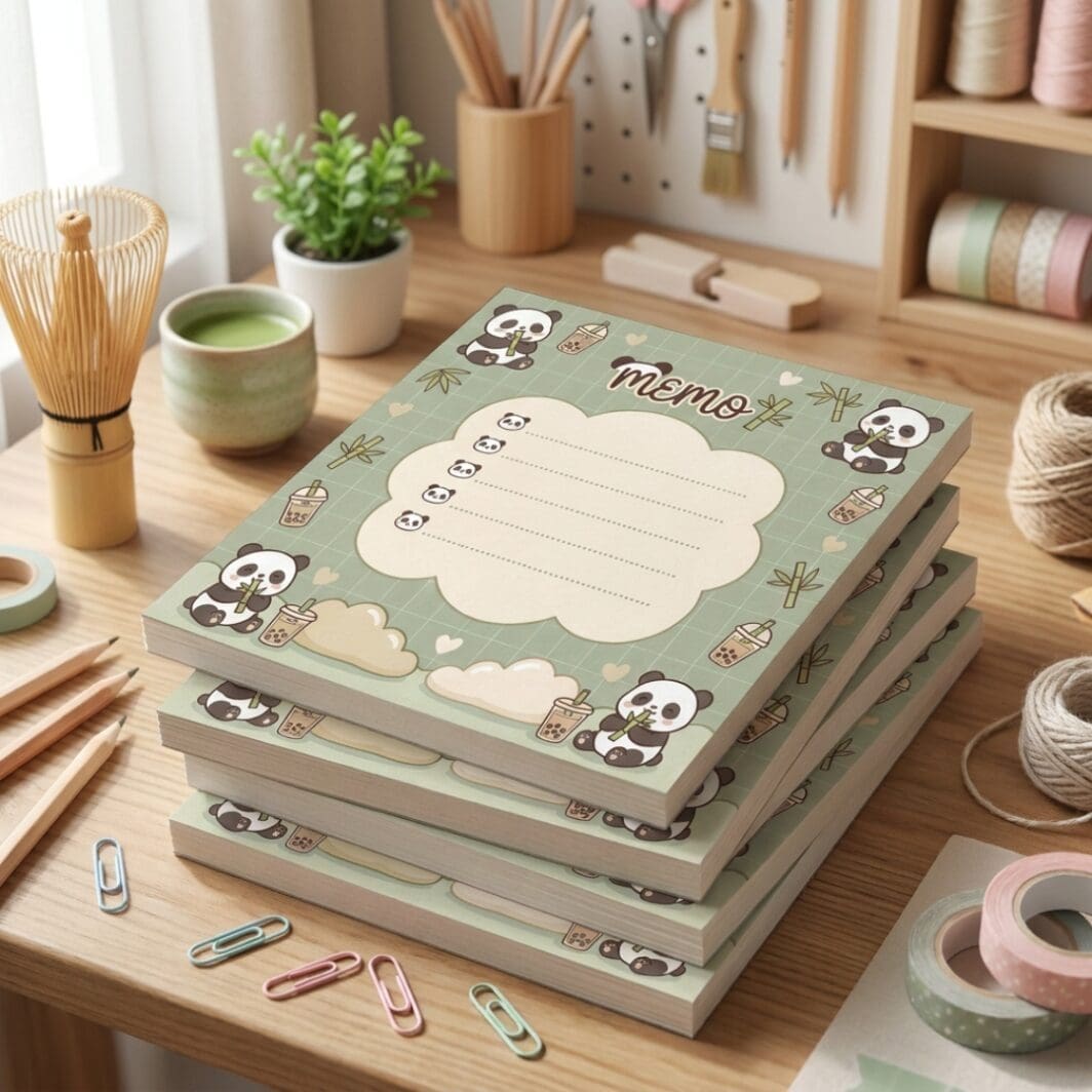 Cute pastel green Matcha Memo Notes cover featuring kawaii matcha desserts, matcha drinks, soft Japanese-inspired illustrations, and decorative memo writing space with cozy café aesthetic.