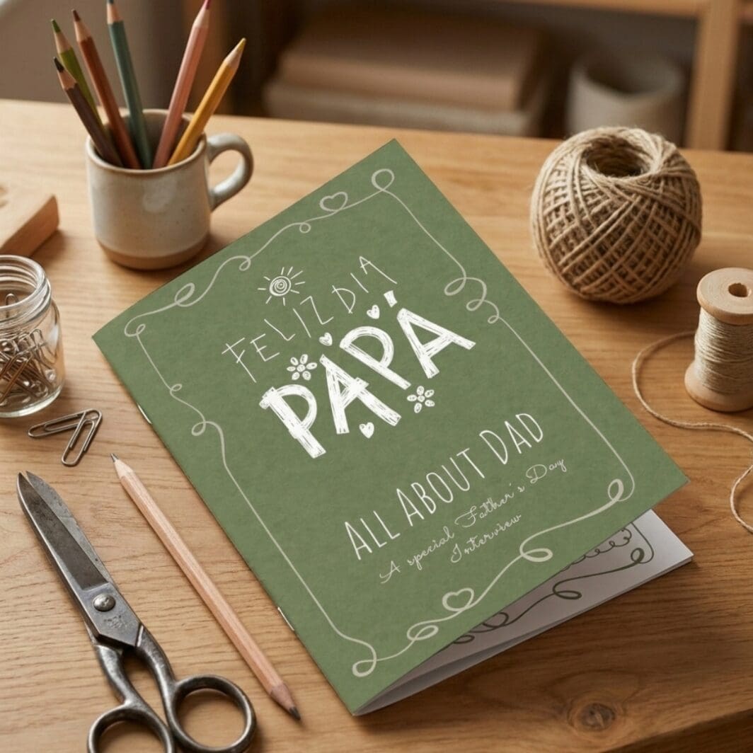 All About Dad printable Father’s Day interview booklet cover with olive green background, white hand-drawn border, and “Feliz Día Papá” title.