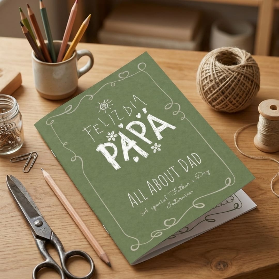 All About Dad printable Father’s Day interview booklet cover with olive green background, white hand-drawn border, and “Feliz Día Papá” title.