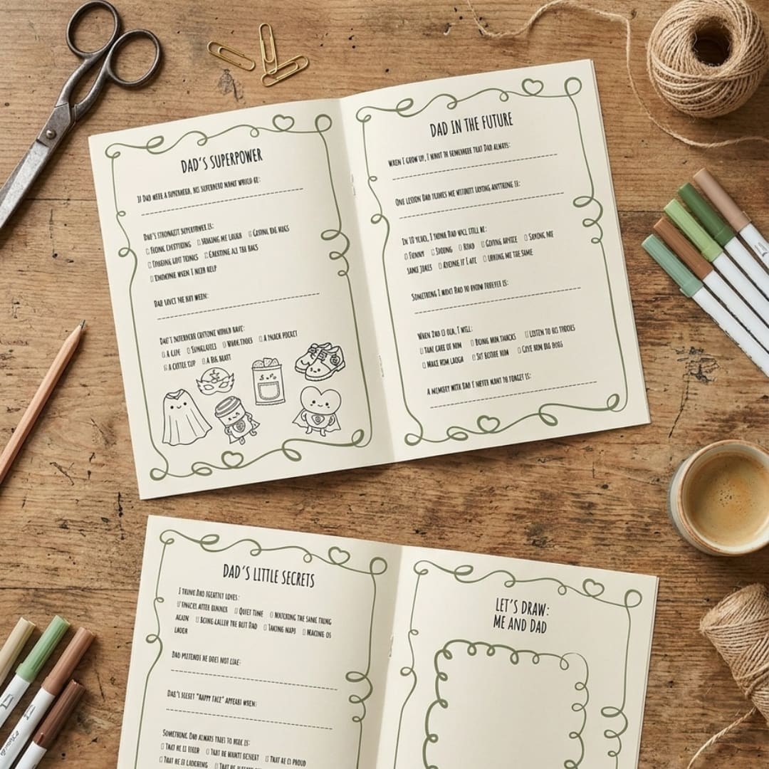 All About Dad printable Father’s Day interview booklet cover with olive green background, white hand-drawn border, and “Feliz Día Papá” title.