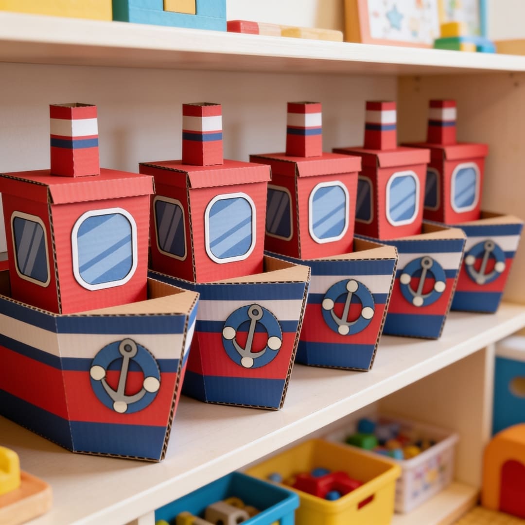 Handmade cardboard boat craft placed on a kids’ workshop table, colored in red, blue, and white with a cabin, smokestack, windows, and life rings.