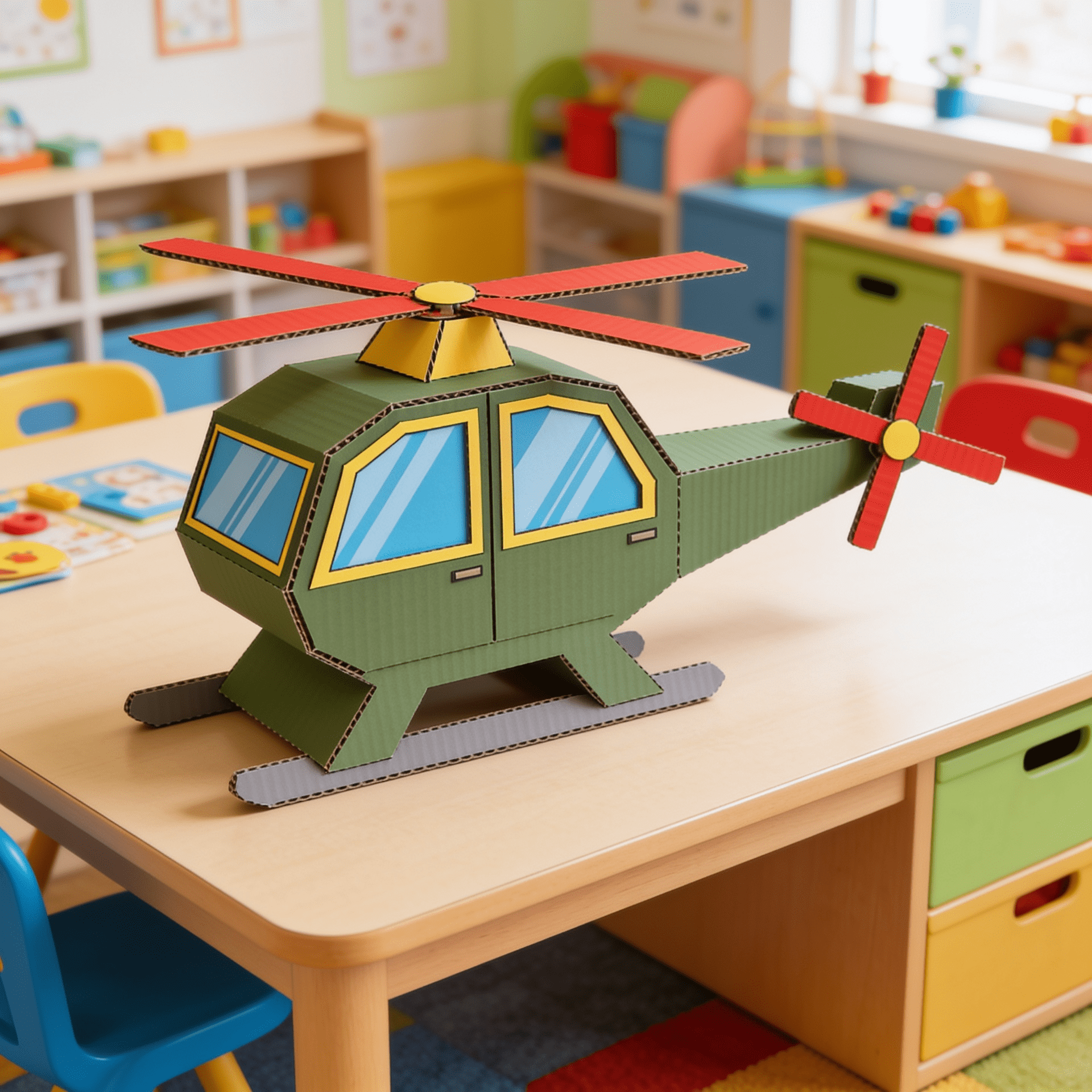 Realistic handmade cardboard helicopter craft assembled on a kids’ workshop table, featuring an army-green body, blue windows, red rotors, yellow details, and gray landing skids.