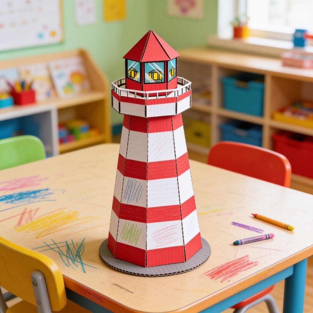 Printable Build a Lighthouse craft sheet placed on a wooden kids’ workshop table with scissors, glue, colored pencils, and craft supplies around it.