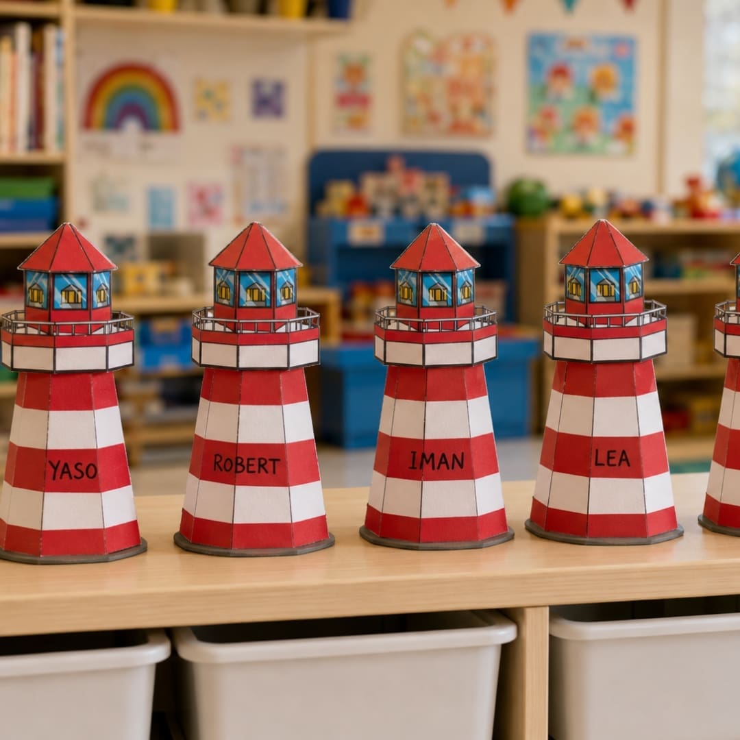Printable Build a Lighthouse craft sheet placed on a wooden kids’ workshop table with scissors, glue, colored pencils, and craft supplies around it.