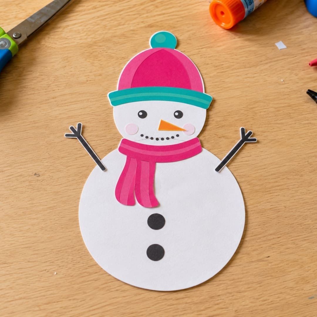 Handmade paper snowman crafts hanging on a string in a colorful kids classroom art class, showing a fun winter printable activity for children.