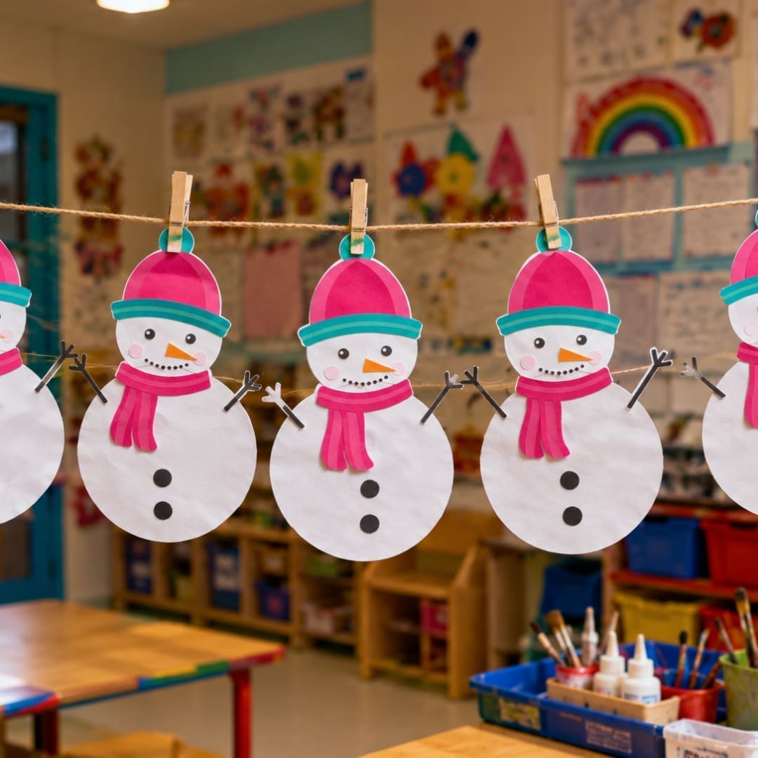 Handmade paper snowman crafts hanging on a string in a colorful kids classroom art class, showing a fun winter printable activity for children.