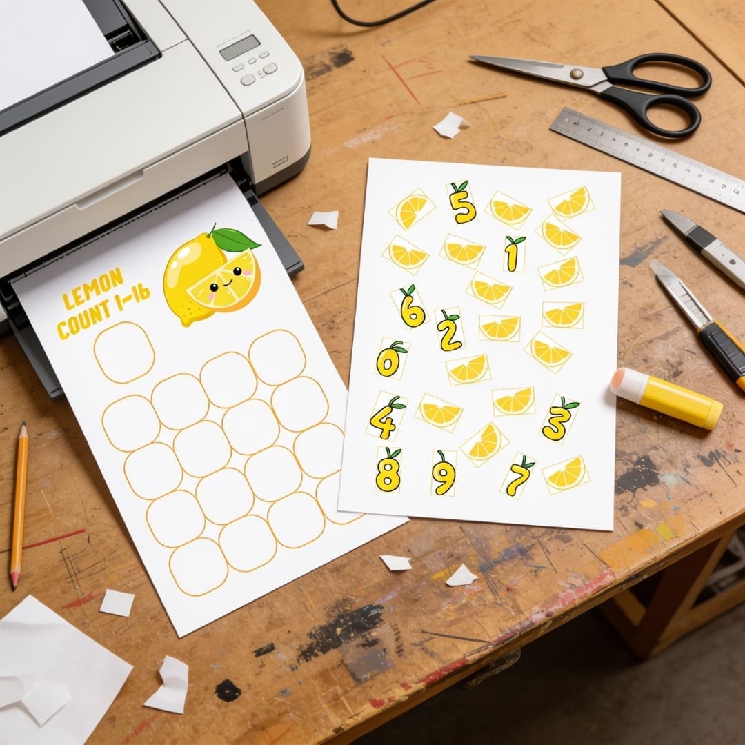 Preschool Count and Match Lemon Activity printable with number cards and lemon slice cutouts for hands-on counting practice.