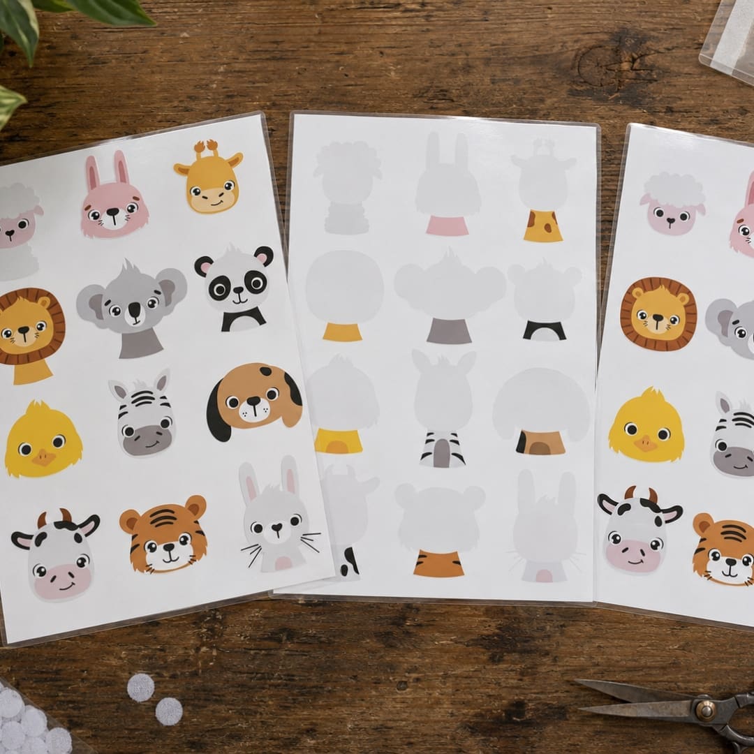 Printable animal matching activity for kids with 12 cute animal faces, laminated A4 sheets, Velcro pieces, and coloring pages.